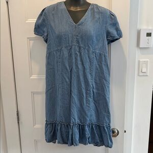 Maternity Light Blue Denim V-Neck Ruffle Hem Dress